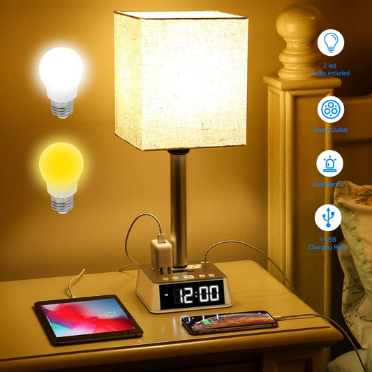 Table Lamp, 4 USB Ports & AC Power Outlets, Alarm Clock