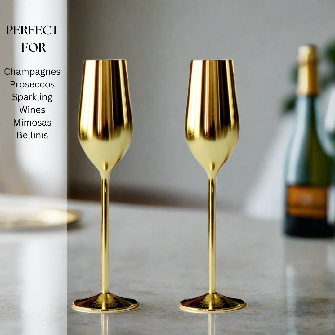 Gold Unbreakable Stainless Steel Champagne Flutes, Set of 2