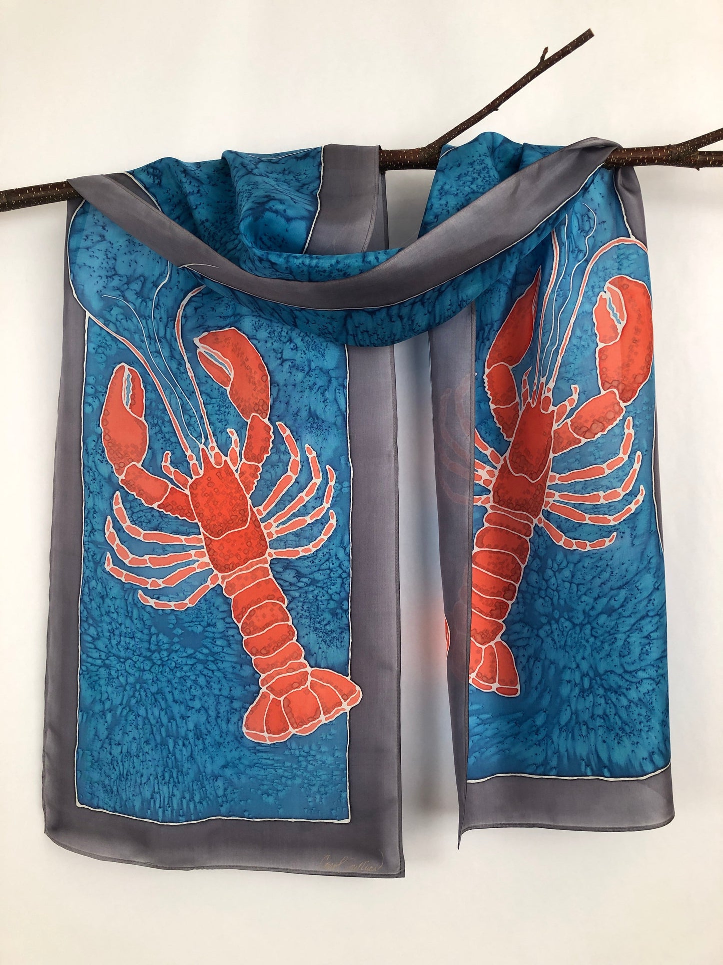 "Love Maine Lobster v1" - Hand-dyed Silk Scarf - $130