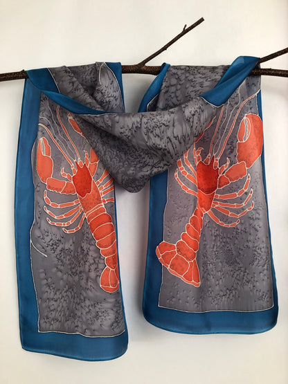 "Love Maine Lobster v1" - Hand-dyed Silk Scarf - $130