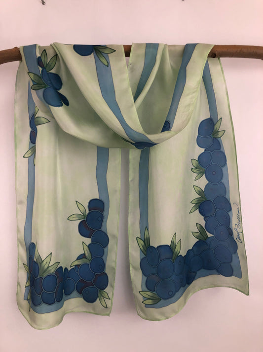 "Maine Blueberries on Green" - Hand-dyed Silk Scarf - $125